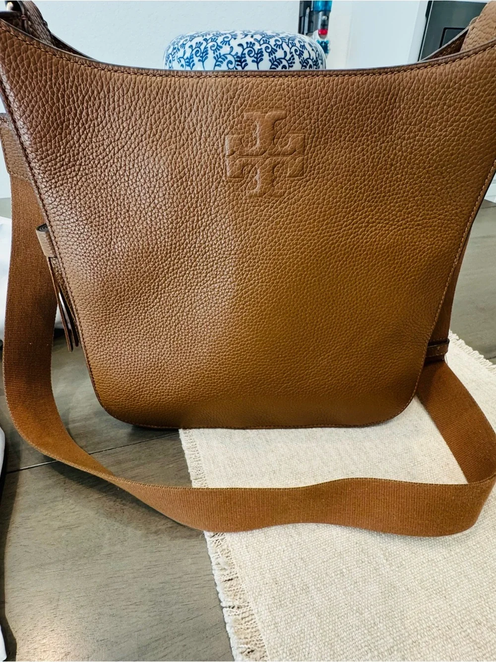 Tory Burch Cognac Pebbled Leather Messenger Bag